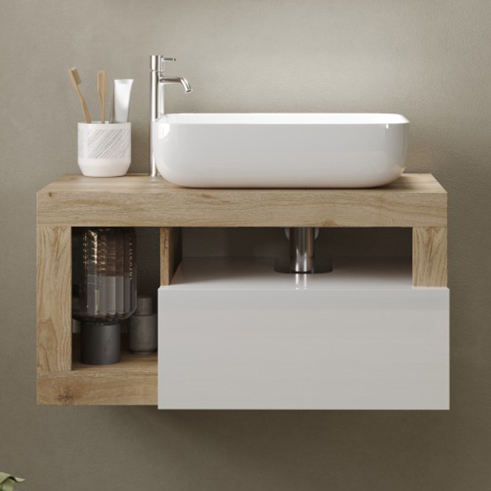 Hanmer 78cm White Gloss Wall Hung Vanity Unit In Cadiz Oak