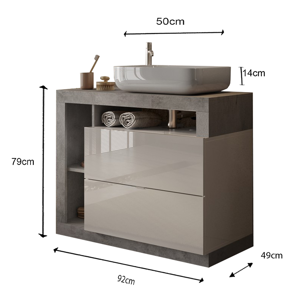 Hanmer 92cm White Gloss Floor Standing Vanity Unit In Cement