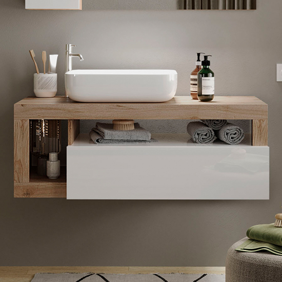 Read more about Hanmer gloss 110cm wall vanity unit and 1 drawer in white cadiz