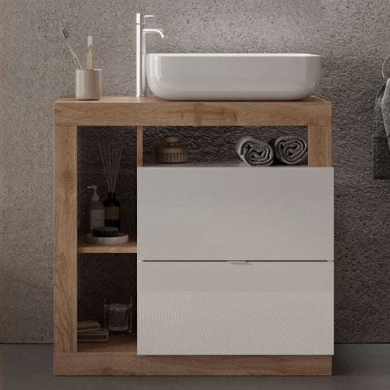Read more about Hanmer gloss 78cm floor vanity unit and 2 drawers in white cadiz