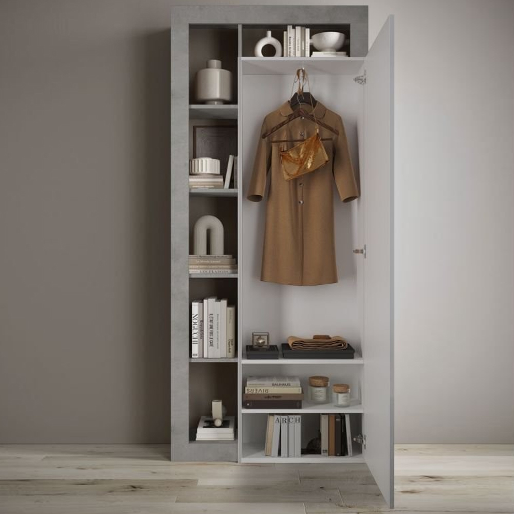 Hanmer Mirrored Wardrobe With 1 Door And Shelves In Concrete