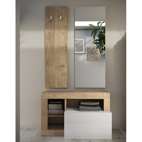 Hanmer High Gloss Hallway Furniture Set In White Knotty Oak Furniture