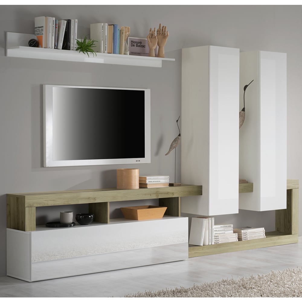 Product photograph of Hanmer Large White Gloss Entertainment Wall Unit In Cadiz Oak from Furniture in Fashion