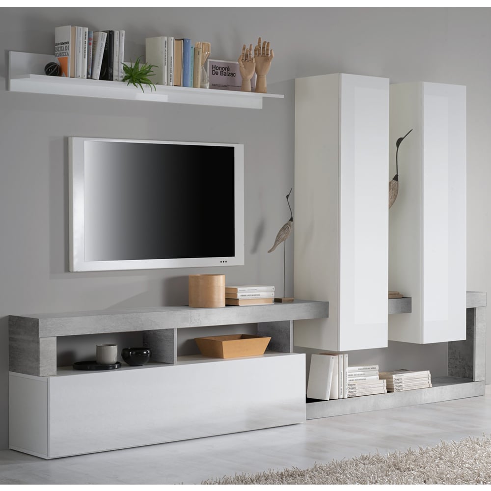 Product photograph of Hanmer Large White Gloss Entertainment Wall Unit In Cement from Furniture in Fashion