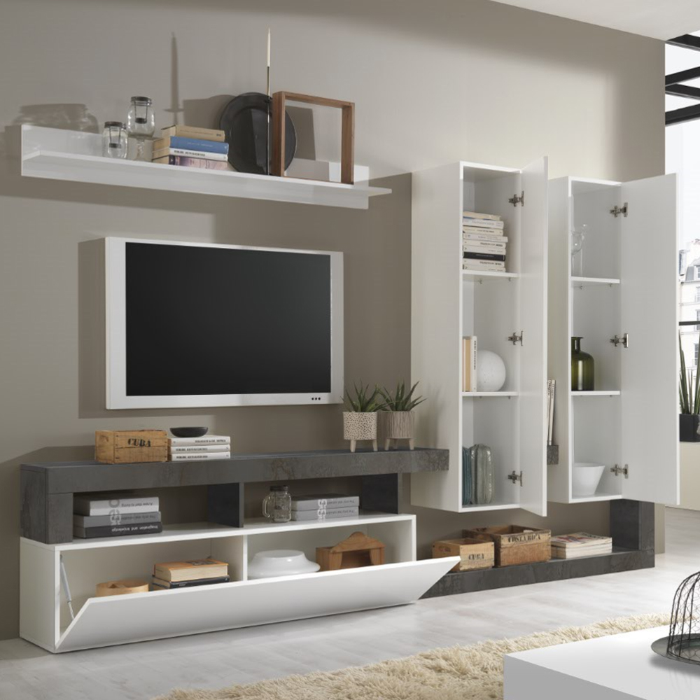Hanmer Large White Gloss Entertainment Wall Unit In Oxide