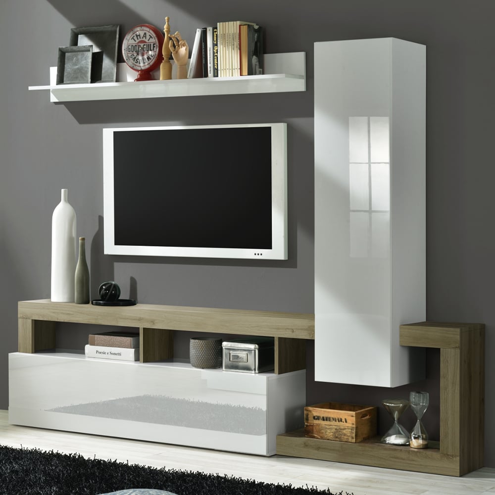 Product photograph of Hanmer Small White Gloss Entertainment Wall Unit In Cadiz Oak from Furniture in Fashion