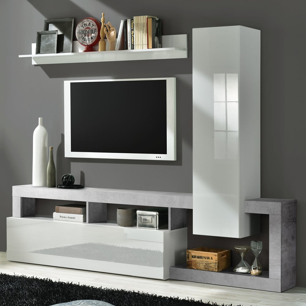 Product photograph of Hanmer Small White Gloss Entertainment Wall Unit In Cement from Furniture in Fashion