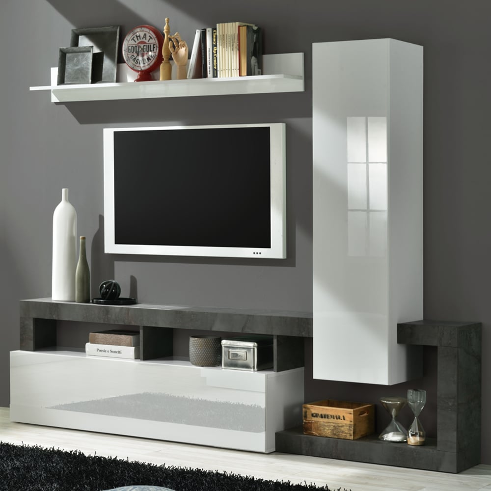 Product photograph of Hanmer Small White Gloss Entertainment Wall Unit In Oxide from Furniture in Fashion