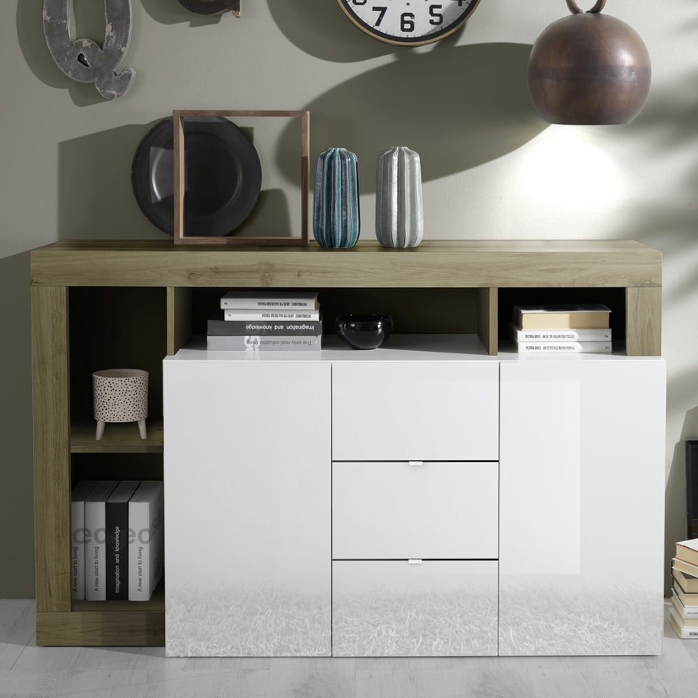 Hanmer White Gloss Sideboard With 2 Doors 3 Drawers In Cadiz Oak