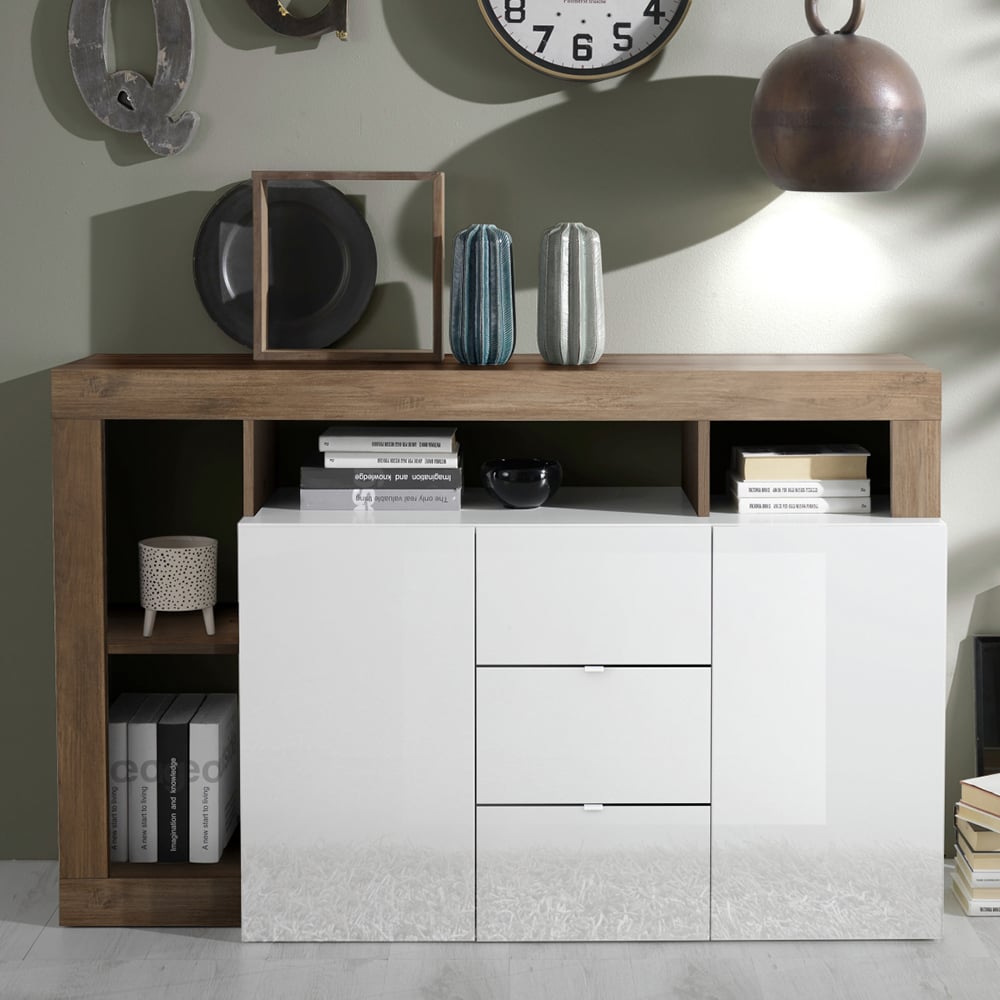 Hanmer White Gloss Sideboard With 2 Doors 3 Drawers In Mercure