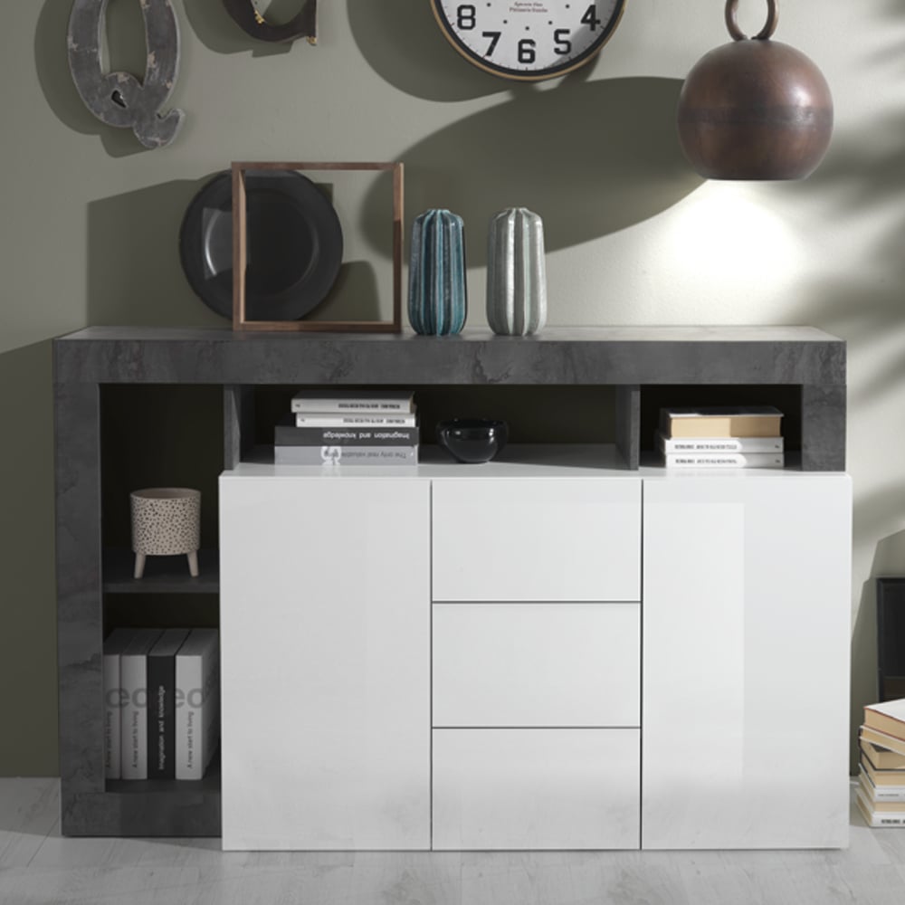 Read more about Hanmer white gloss sideboard with 2 doors 3 drawers in oxide