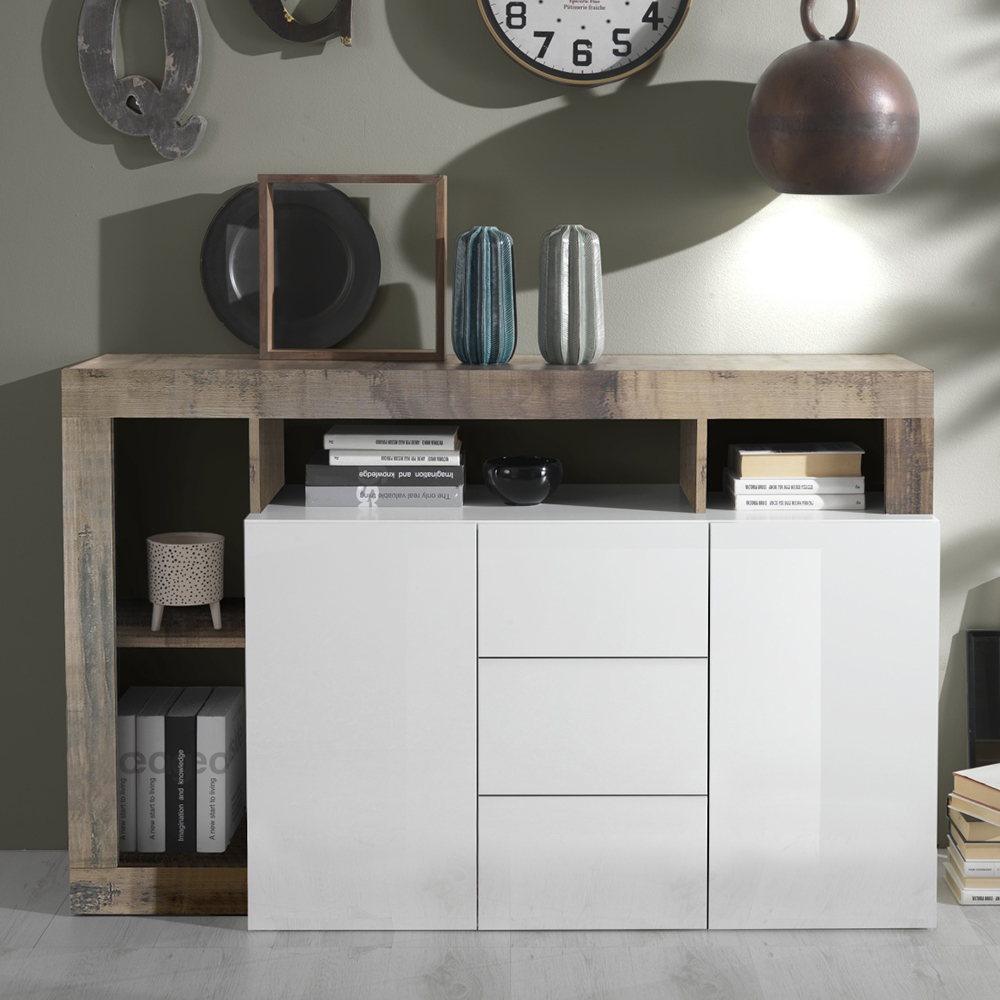 Read more about Hanmer white gloss sideboard with 2 doors 3 drawers in pero