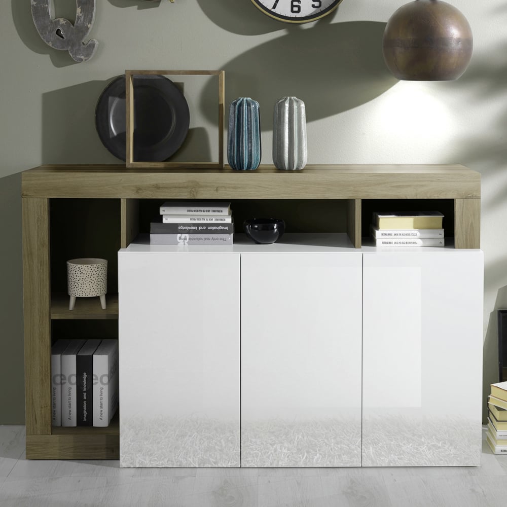 Product photograph of Hanmer White High Gloss Sideboard With 3 Doors In Cadiz Oak from Furniture in Fashion