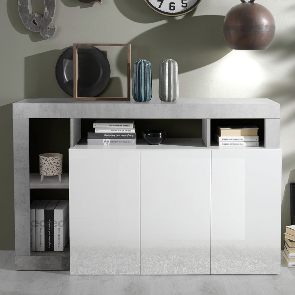 Product photograph of Hanmer White High Gloss Sideboard With 3 Doors In Cement from Furniture in Fashion