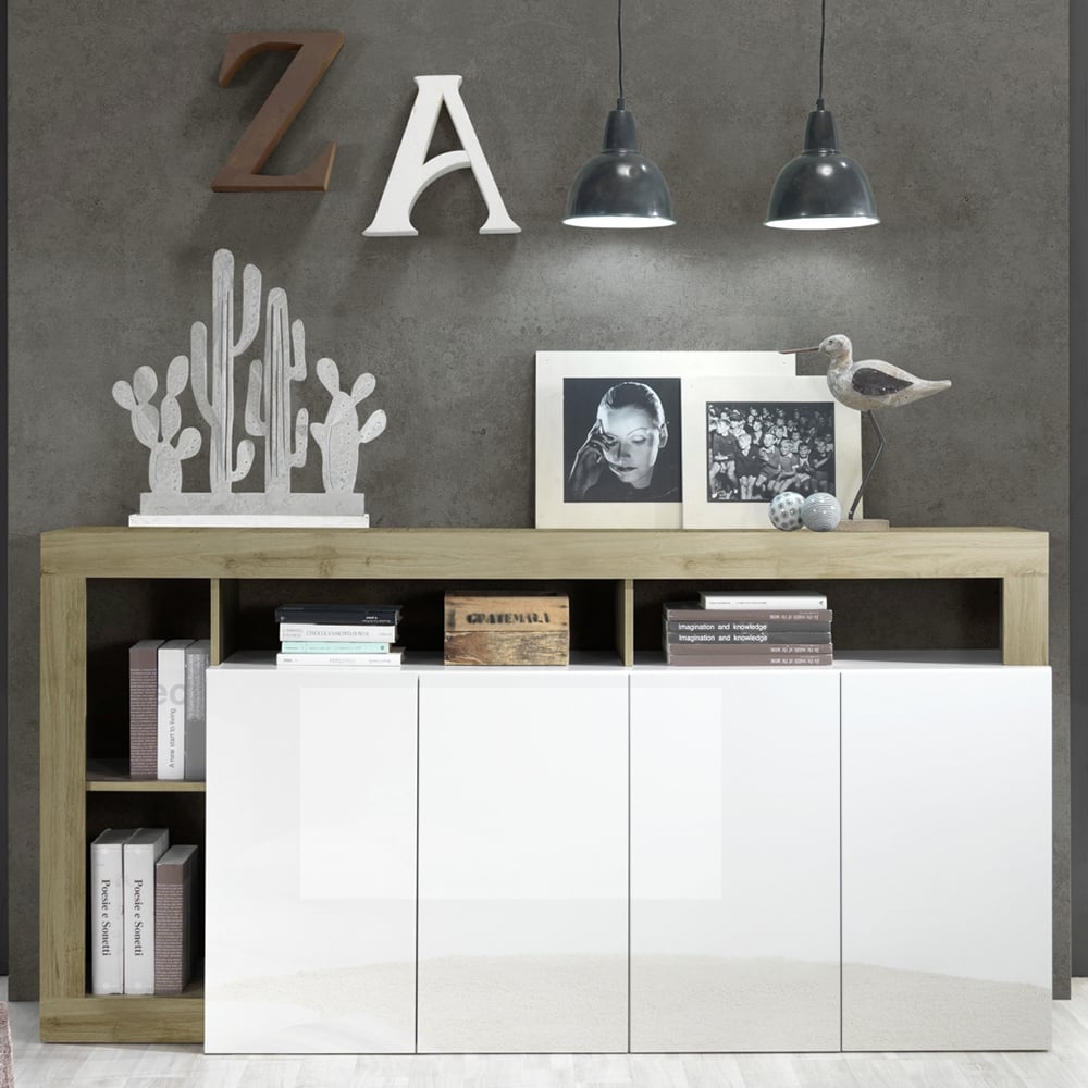 Product photograph of Hanmer White High Gloss Sideboard With 4 Doors In Cadiz Oak from Furniture in Fashion