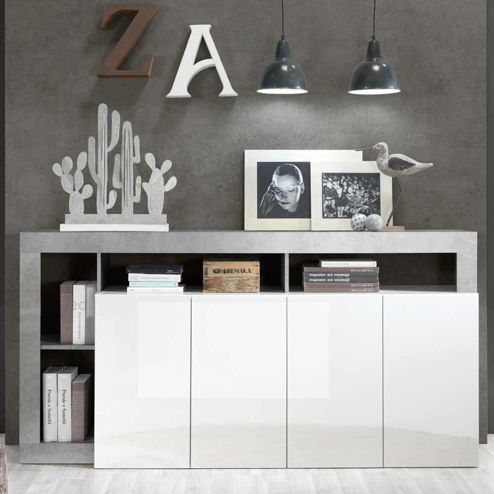 Product photograph of Hanmer White High Gloss Sideboard With 4 Doors In Cement from Furniture in Fashion
