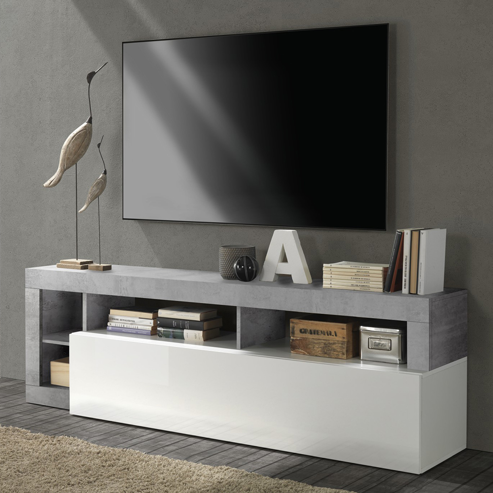 Product photograph of Hanmer White High Gloss Tv Stand With 1 Flap Door In Cement from Furniture in Fashion