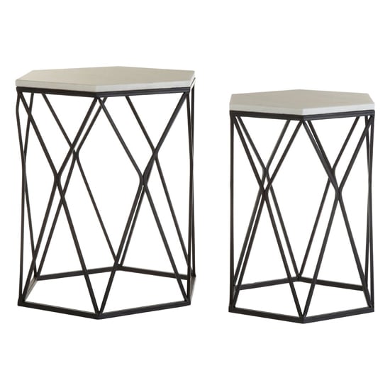 Hannah Hexagonal Marble Set Of 2 Side Tables With Black Frame