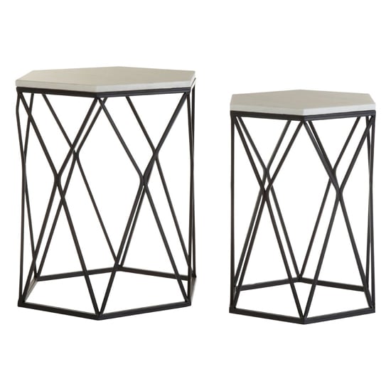 Product photograph of Hannah Hexagonal Marble Set Of 2 Side Tables With Black Frame from Furniture in Fashion