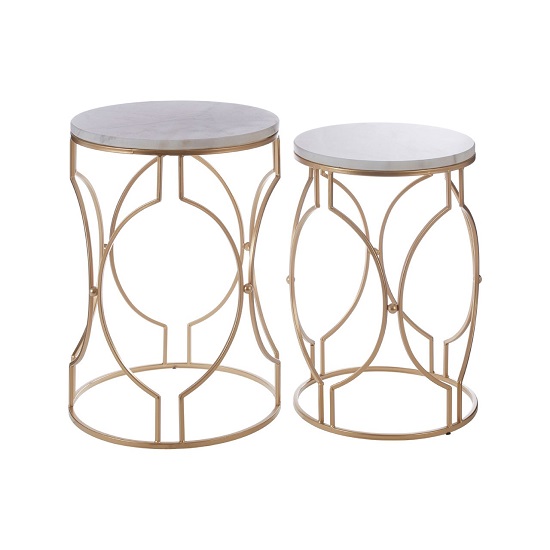 Hannah Set Of 2 Marble Side Tables In White And Gold Finish Base