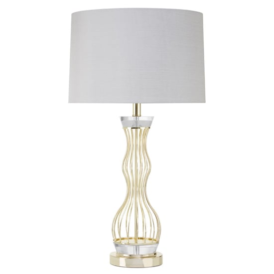 Photo of Hannes white fabric shade table lamp with gold wireframe base
