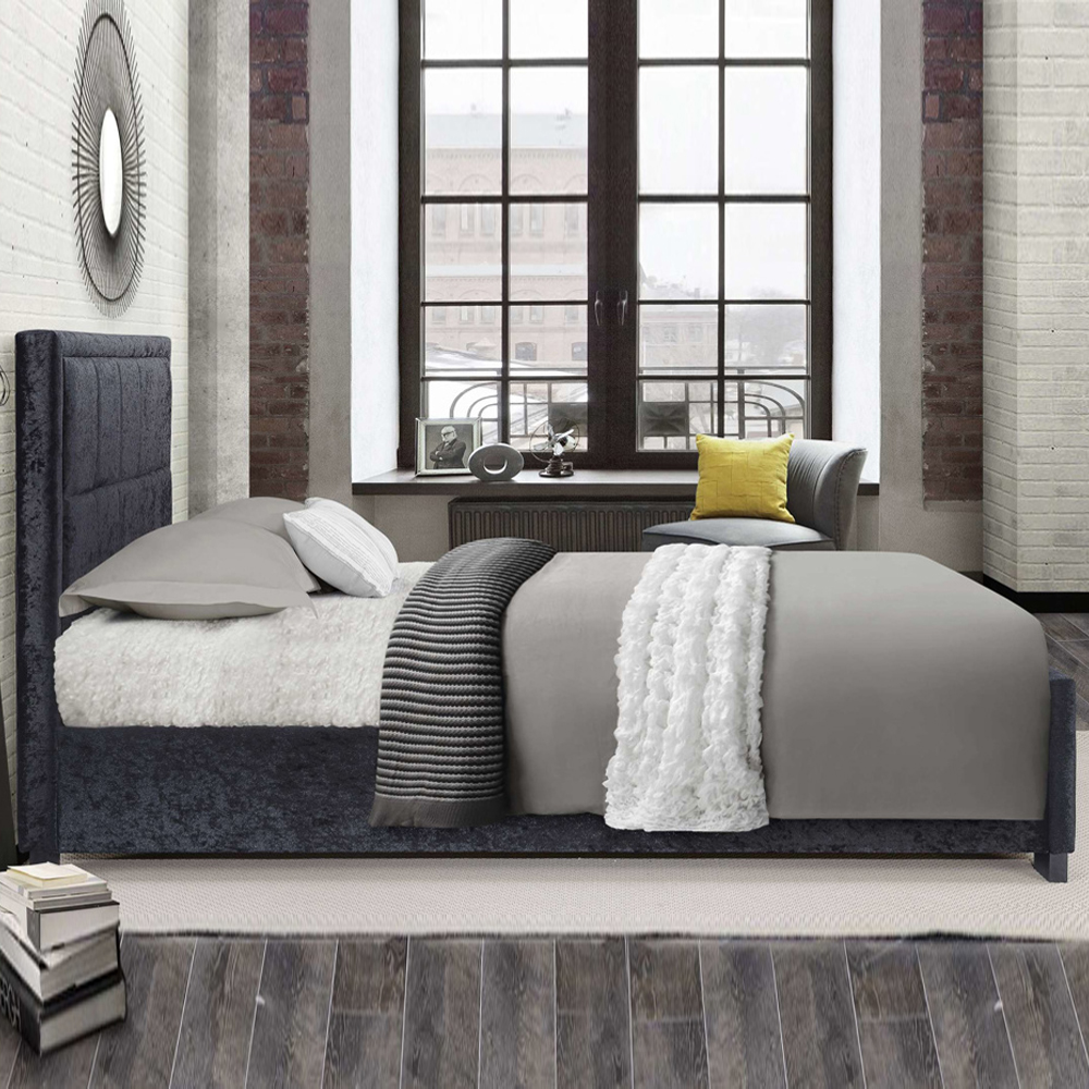 Hanover Fabric Double Bed In Black Crushed Velvet
