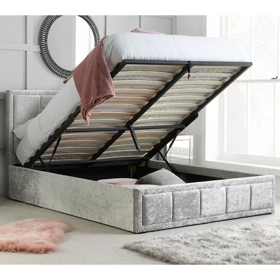 Hanover Fabric Ottoman Small Double Bed In Steel Crushed Velvet