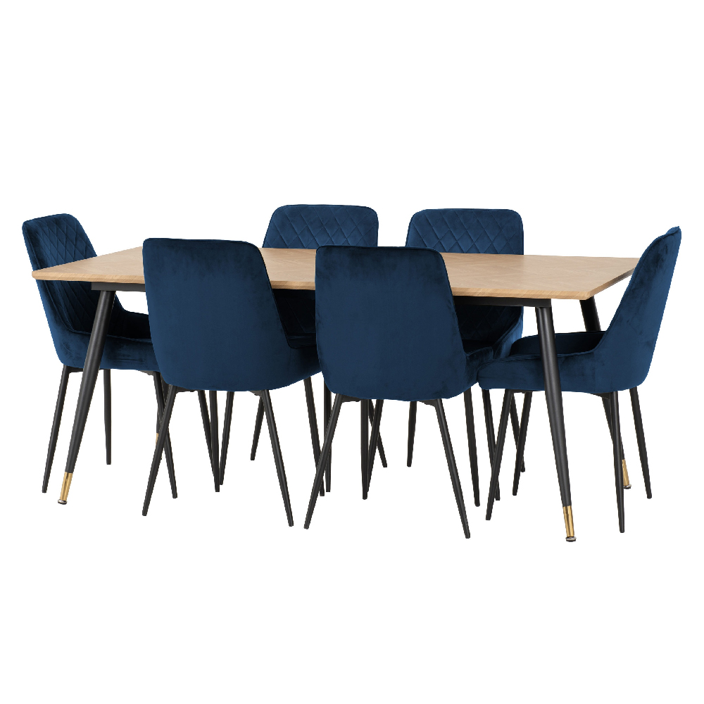 Hanover Oak Wooden Dining Table With 6 Avah Blue Chairs