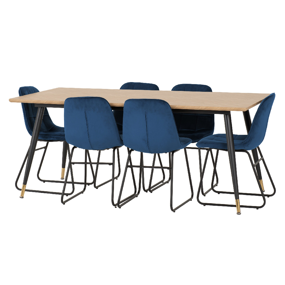 Hanover Oak Wooden Dining Table With 6 Lyster Blue Chairs