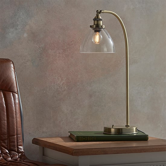 Hansen Clear Glass Shade Task Table Lamp In Antique Brass