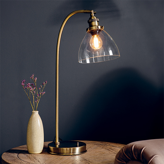 Photo of Hansen clear glass shade task table lamp in antique brass