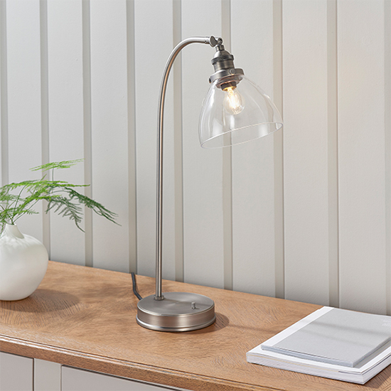 Hansen Clear Glass Shade Task Table Lamp In Brushed Silver