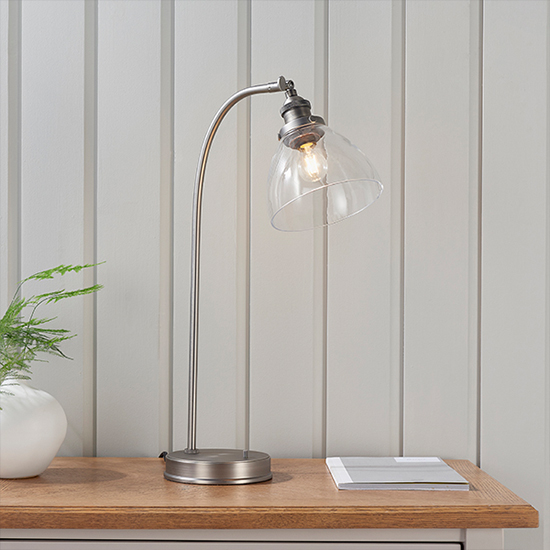 Product photograph of Hansen Clear Glass Shade Task Table Lamp In Brushed Silver from Furniture in Fashion