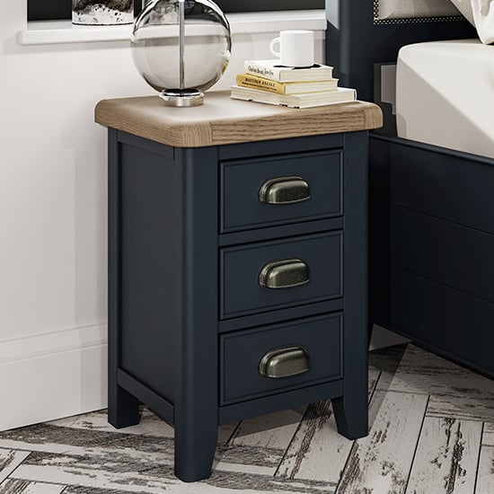 Product photograph of Hants Small Wooden 3 Drawers Bedside Cabinet In Blue from Furniture in Fashion
