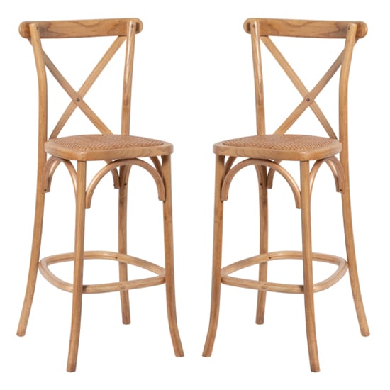 Product photograph of Hapron Cross Back Light Oak Wooden Bar Stools In Pair from Furniture in Fashion