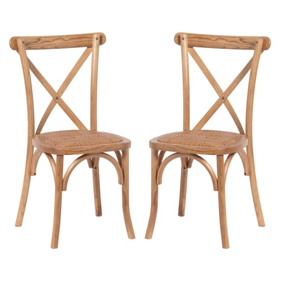 Read more about Hapron cross back light oak wooden dining chairs in pair