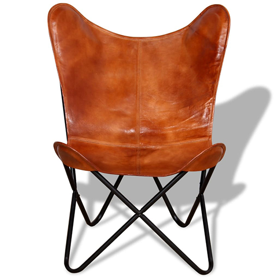 Harald Real Leather Butterfly Chair In Brown With Metal Frame