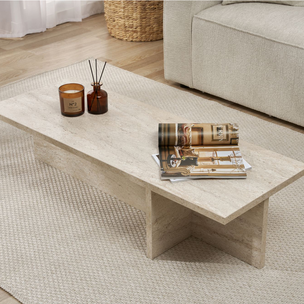 Harbor Rectangular Wooden Coffee Table in Travertine Marble Effect