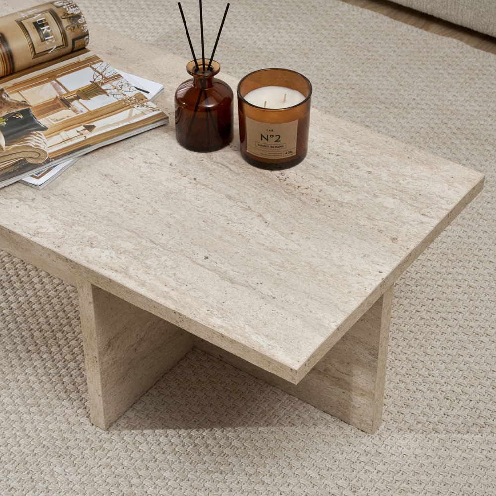 Harbor Rectangular Wooden Coffee Table in Travertine Marble Effect