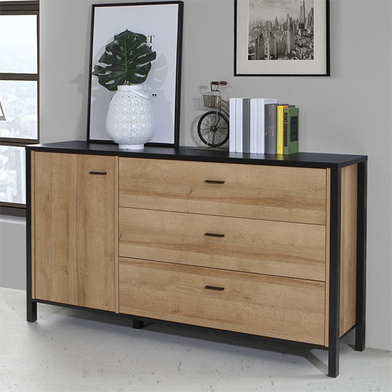 Harbor Sideboard 1 Door 3 Drawers In Matt Black And Riviera Oak thumbnail