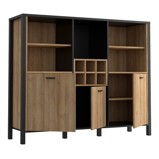 Harbor Wooden Shelving Unit With 3 Doors In Matt Black And Oak