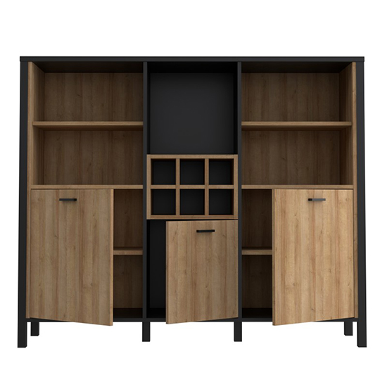 Harbor Wooden Shelving Unit With 3 Doors In Matt Black And Oak