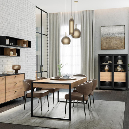 Harbor Wooden Dining Table Rectangular In Matt Black And Oak