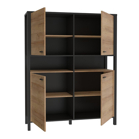 Harbor Wooden Highboard With 4 Doors In Matt Black And Oak