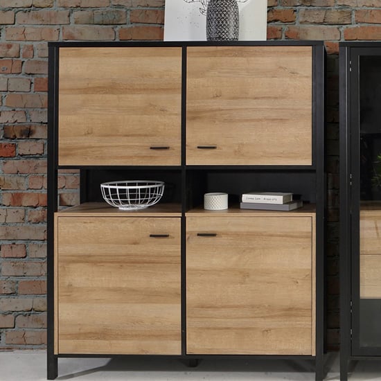 Product photograph of Harbor Wooden Highboard 4 Doors In Matt Black And Riviera Oak from Furniture in Fashion