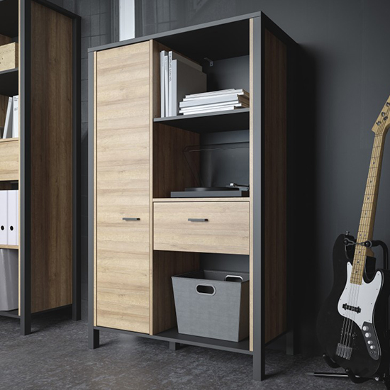 Product photograph of Harbor Wooden Shelving Unit Wide In Matt Black And Riviera Oak from Furniture in Fashion