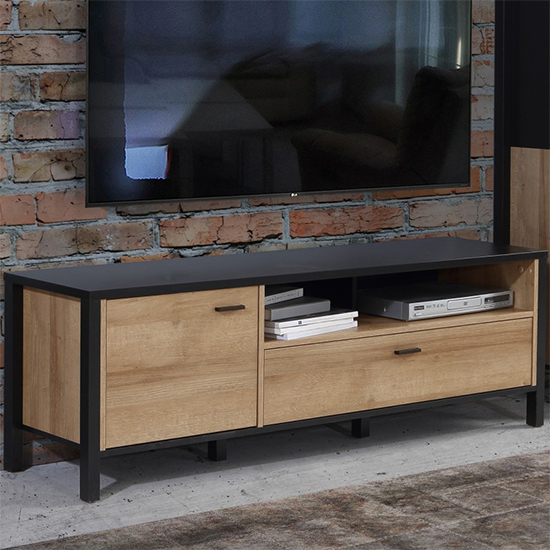 Harbor Wooden TV Stand With 1 Door 1 Drawer In Matt Black And Oak