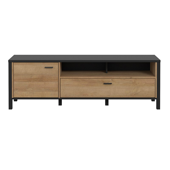 Harbor Wooden TV Stand With 1 Door 1 Drawer In Matt Black And Oak