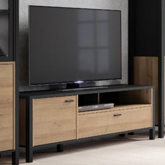 Product photograph of Harbor Wooden Tv Stand 1 Door In Matt Black And Riviera Oak from Furniture in Fashion
