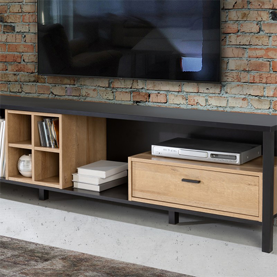 Harbor Wooden TV Stand With 1 Drawer In Matt Black And Oak